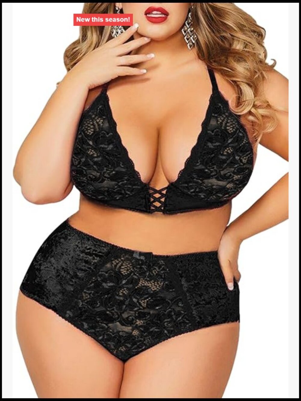 Plus Size Lingerie Set - Crushed Velvet Mesh Lace Up Halter Bralette High Waist